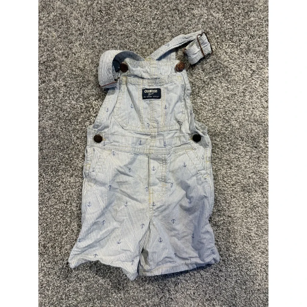 OshKosh Overalls Kids 3T Blue Seersucker Anchor Shortalls Nautical Cotton Bib